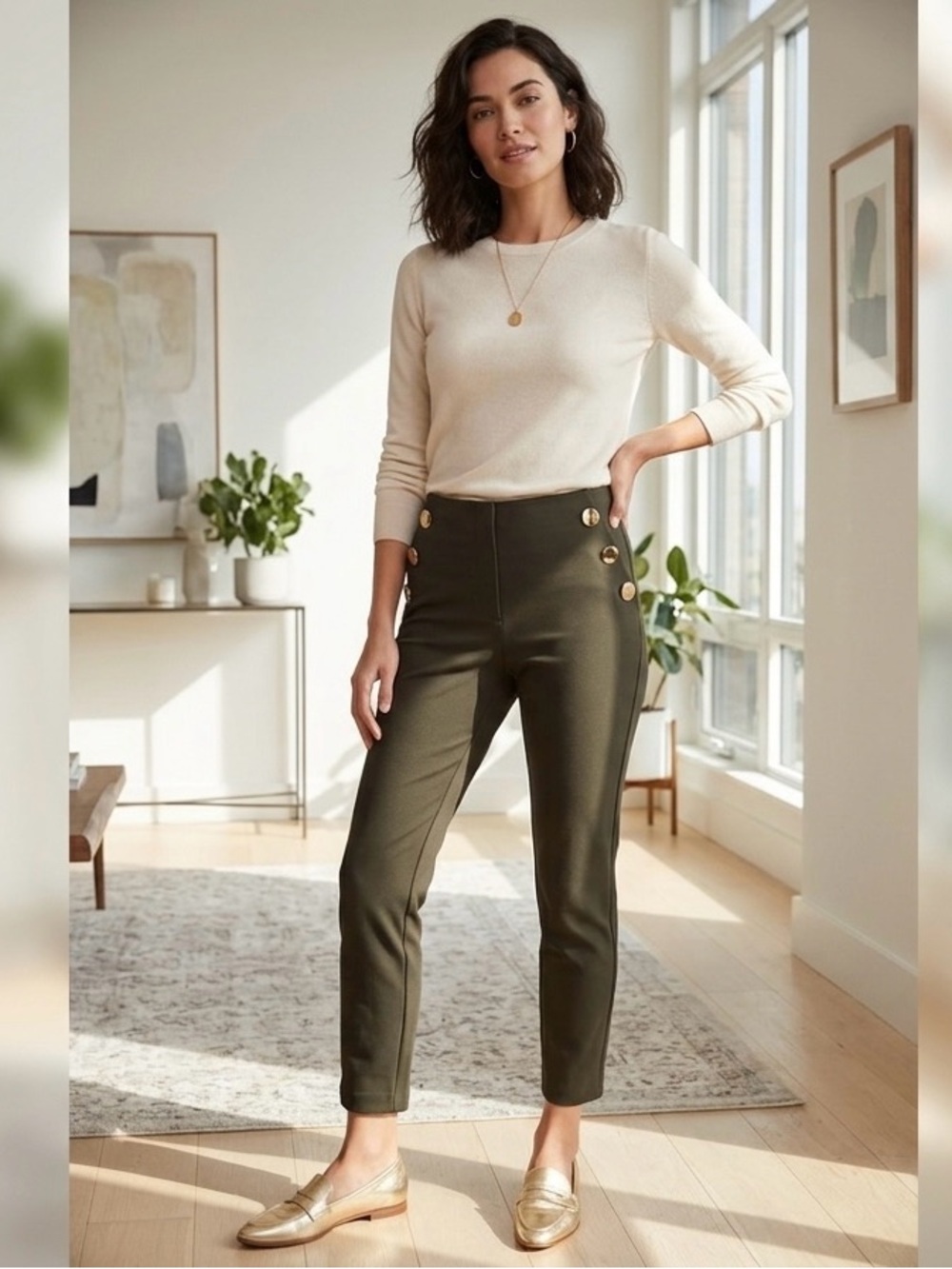 Tommy Hilfiger Olive High-Rise Button Ankle Pants